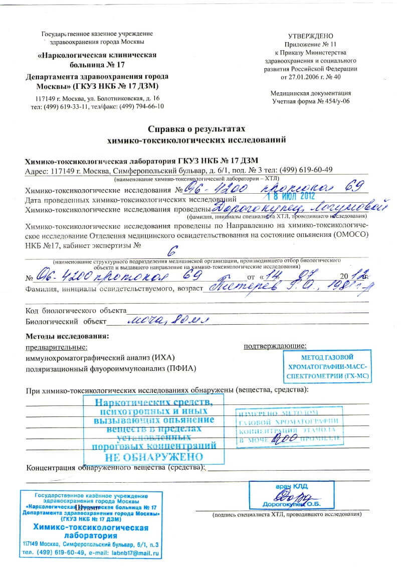 Купить справку химико-токсикологическое исследование мочи в Москве с доставкой